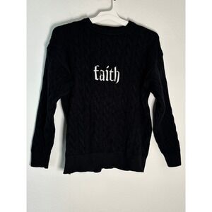 Urban Weekend Faith Cable Knit‎ Sweater Black Gothic Script Crewneck Mens Large